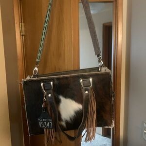 Brown and White Leather Fringe Bag